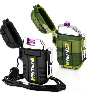 2 Pack Waterproof Lighter Outdoor Electric Lighter Dual Arc Lighter Windproof Lighter USB Rechargeable Lighter Flameless Plasma Lighter Camping Hiking Adventure Survival Tactical Gear