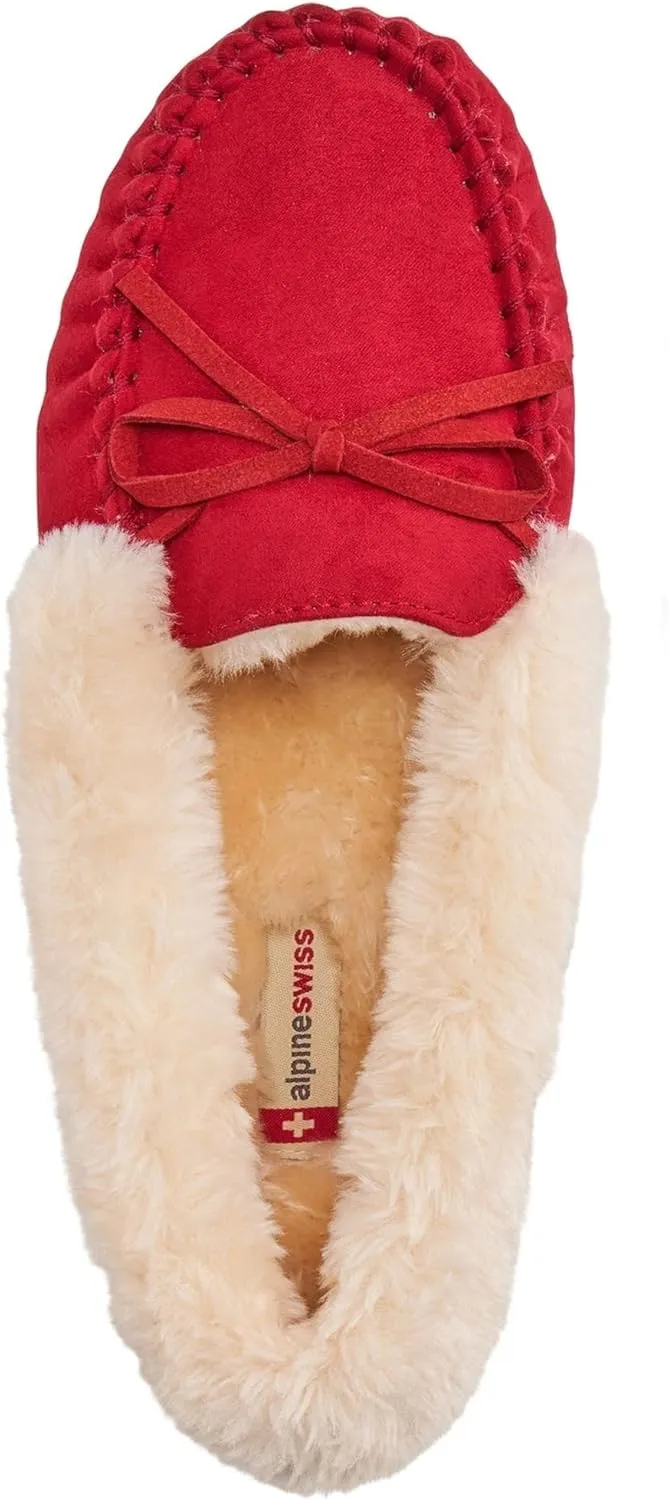Alpine Swiss Leah Womens Shearling Moccasin Slippers Faux Fur Slip On House Shoes