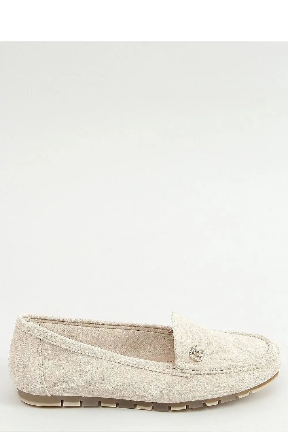 Beige Eco-Suede Loafers for Women – Almond-Toe Slip-Ons with Crystal Charm