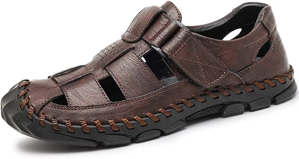 Bitiger Mens Closed Toe Leather Sandals Outdoor Adjustable Fisherman Sandals