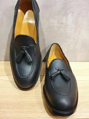Black Leather Casual Handmade Loafer Shoes with Tassels