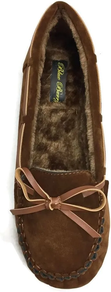 Blueberry Womens Faux Soft Suede Fur Lined Moccasin House Slippers Indoor Outdoor