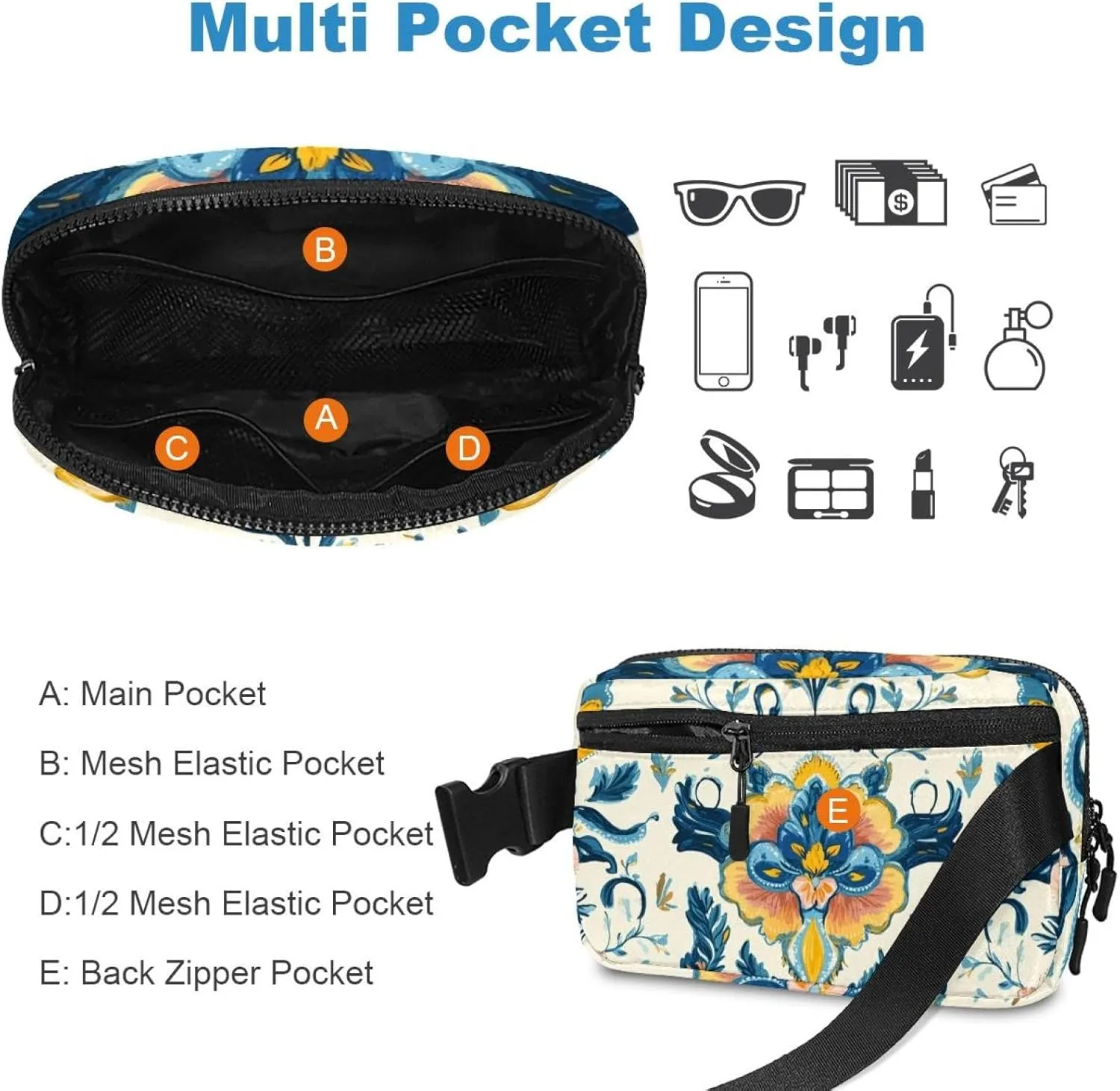 Boho Floral-24 Unisex Style Fanny Pack: Fashion Waist Packs, Crossbody Bags Sport Slim Fashionable for Jogging Hiking Hiker Woman Man