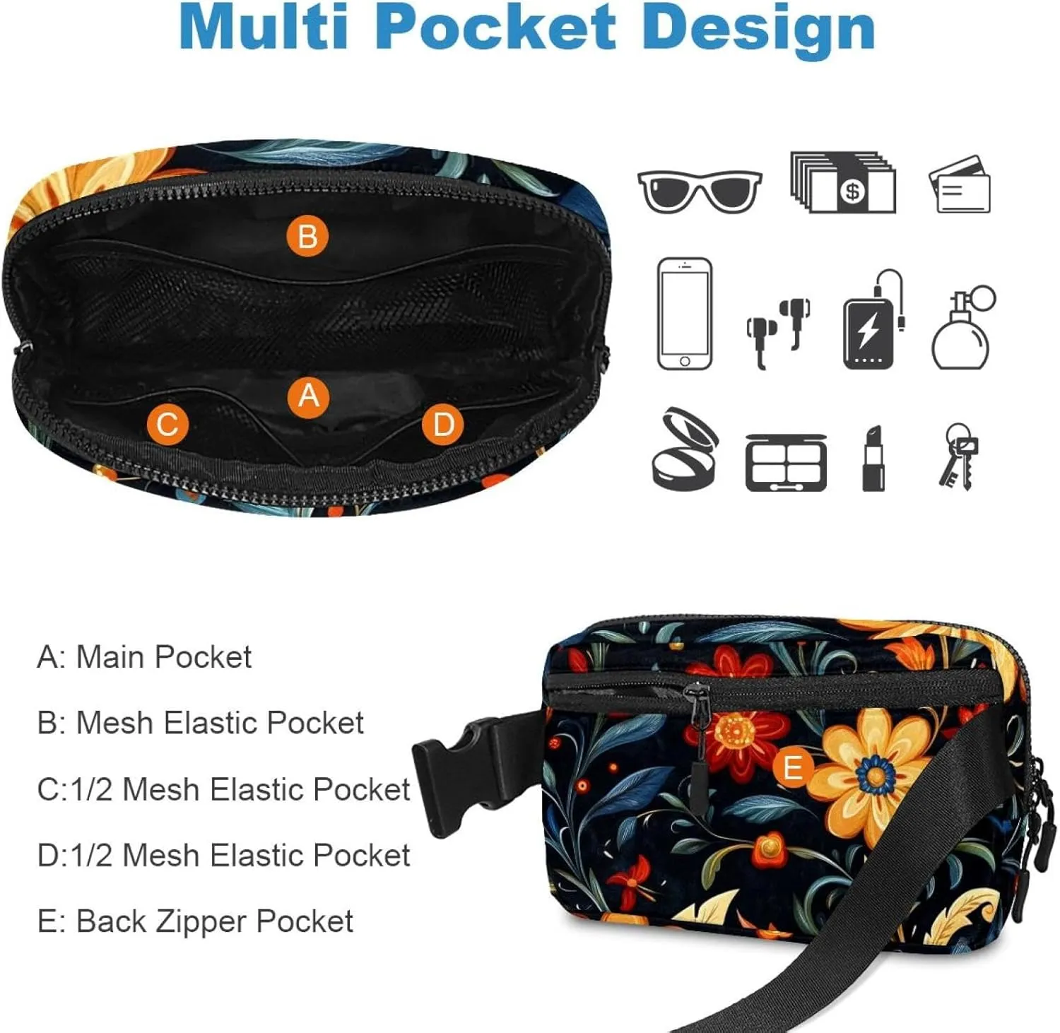 Boho Floral-27 Unisex Style Fanny Pack: Fashion Waist Packs, Crossbody Bags Sport Slim Fashionable for Jogging Hiking Hiker Woman Man