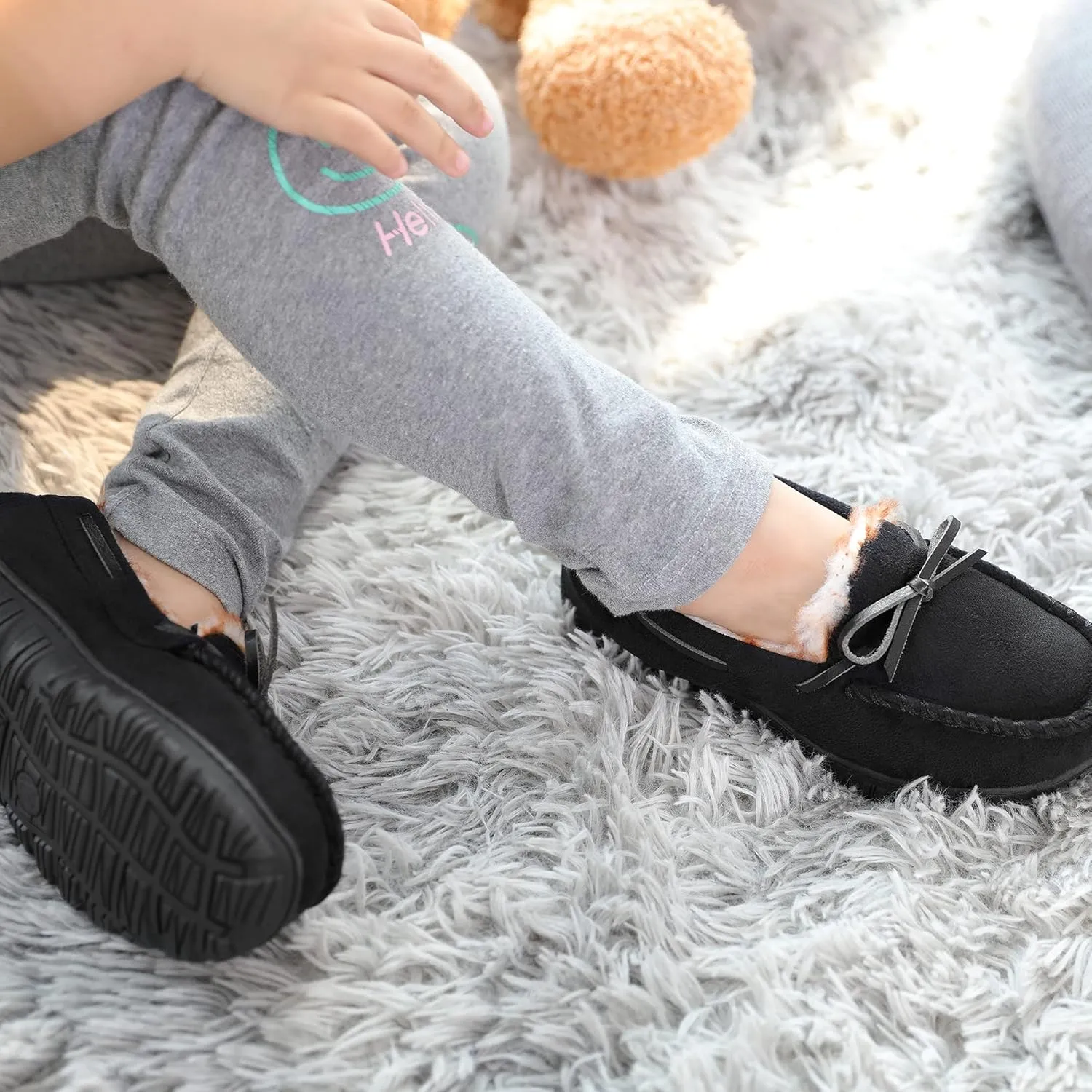 Boys & Girls Memory Foam Moccasin Slippers - Furry Plush Lining, Non-Slip Indoor/Outdoor for Big Kids, Little Kids & Toddler