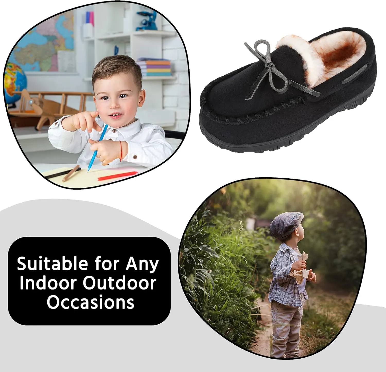 Boys & Girls Memory Foam Moccasin Slippers - Furry Plush Lining, Non-Slip Indoor/Outdoor for Big Kids, Little Kids & Toddler