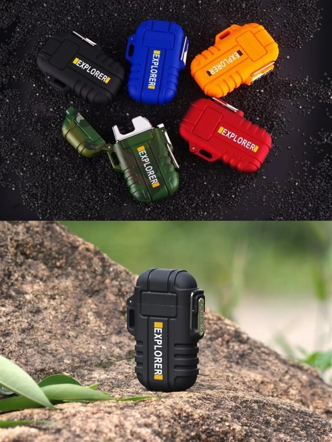 Butane outdoor camping survival waterproof lighter, windproof flashlight, double arc butane electric lighter, USB rechargeable, flameless plasma lighter, suitable for camping hiking adventure survival