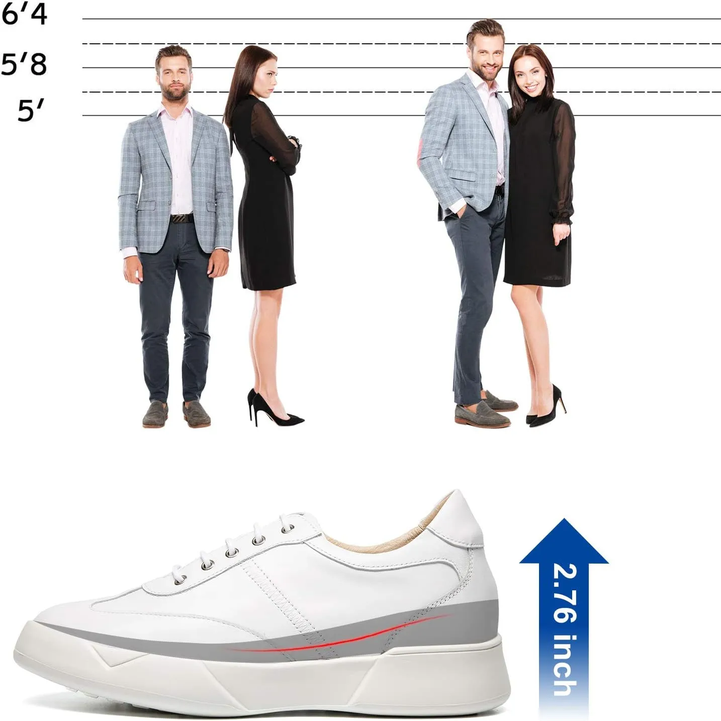 CHAMARIPA Hidden Heel Premium Leather Height Increase Low-Top Skate Shoes Men's Invisible Height Increasing Elevator Casual Fashion Sneaker