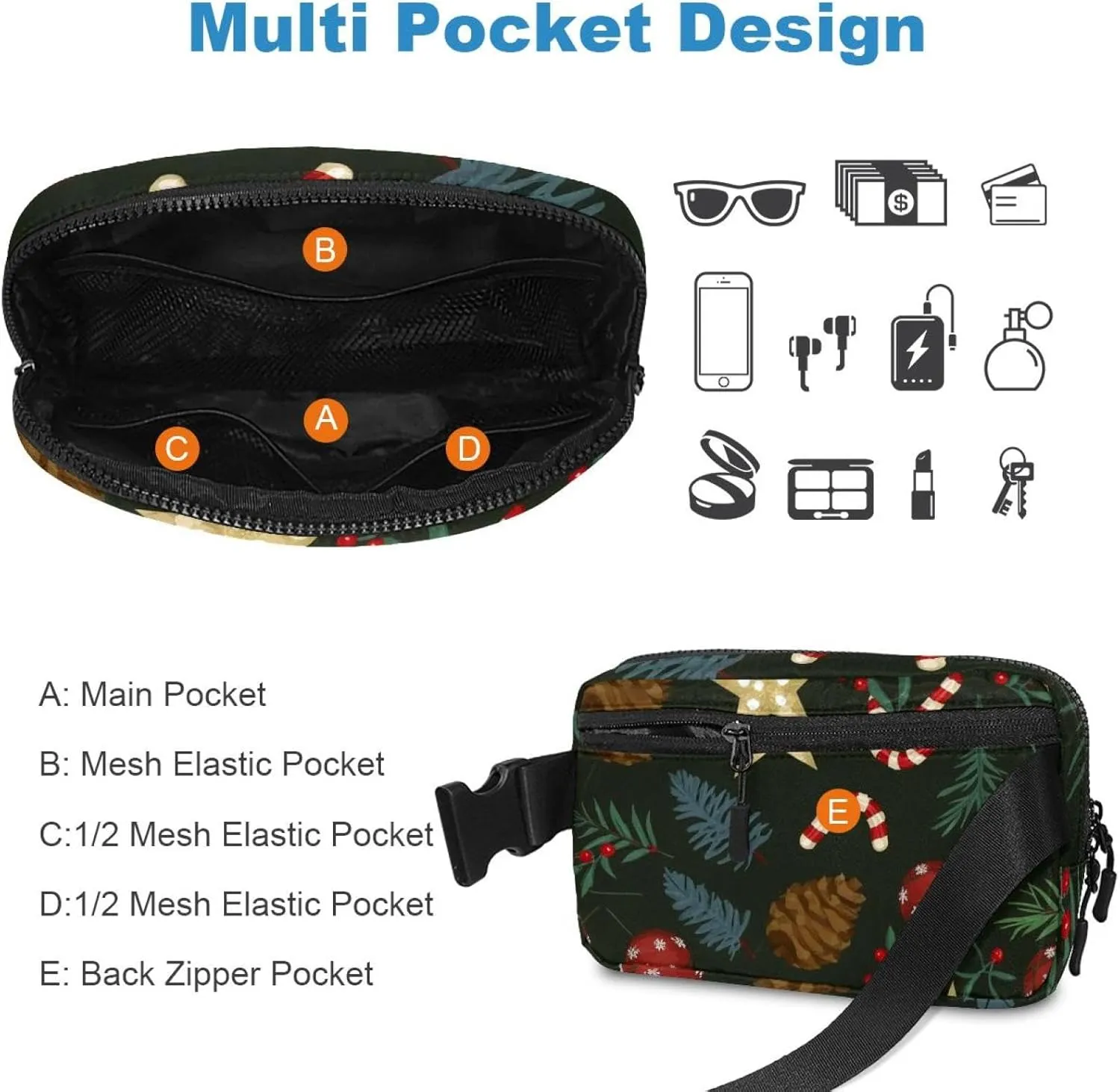 Christmas Elements-6 Unisex Style Fanny Pack: Fashion Waist Packs, Crossbody Bags Sport Slim Fashionable for Jogging Hiking Hiker Woman Man