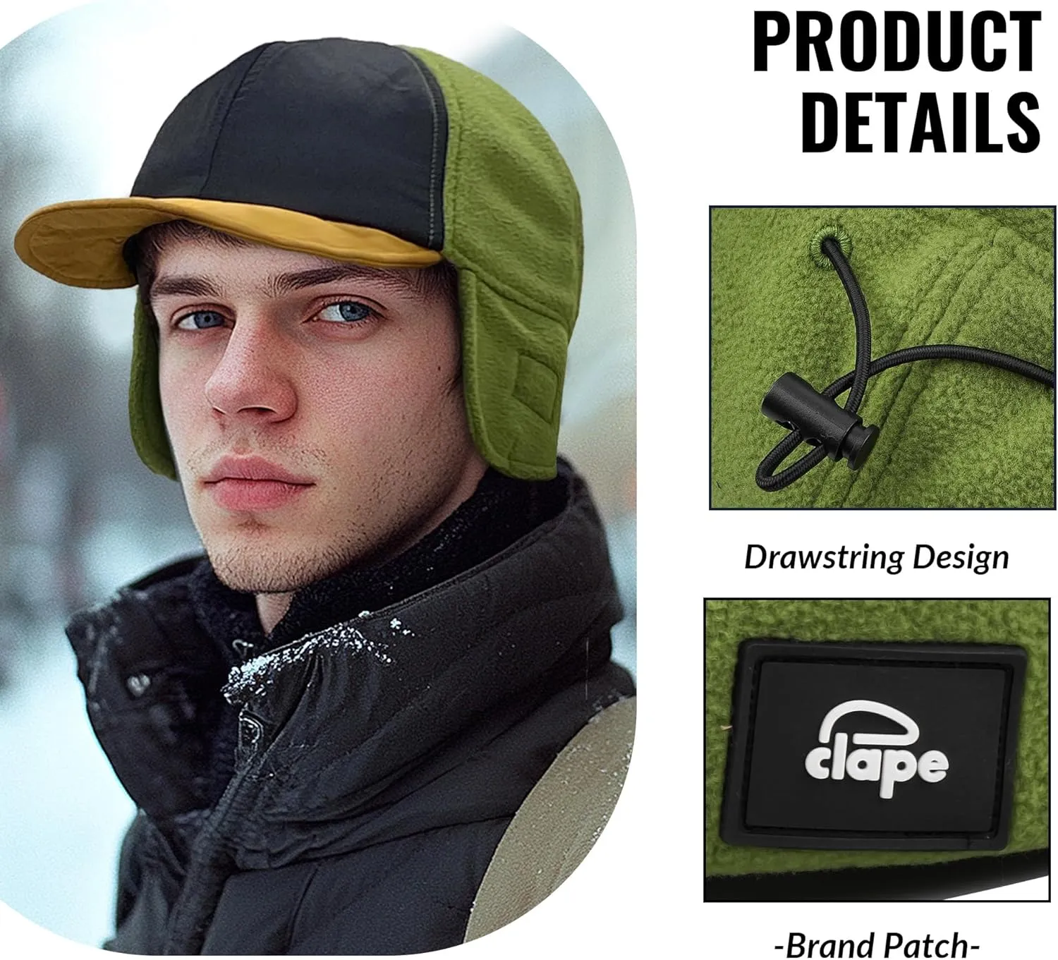 CLAPE Waterproof Winter Baseball Cap with Visor & Earflaps for Men, Women Outdoor Sherpa Fleece Trapper Hat with Ear Flaps