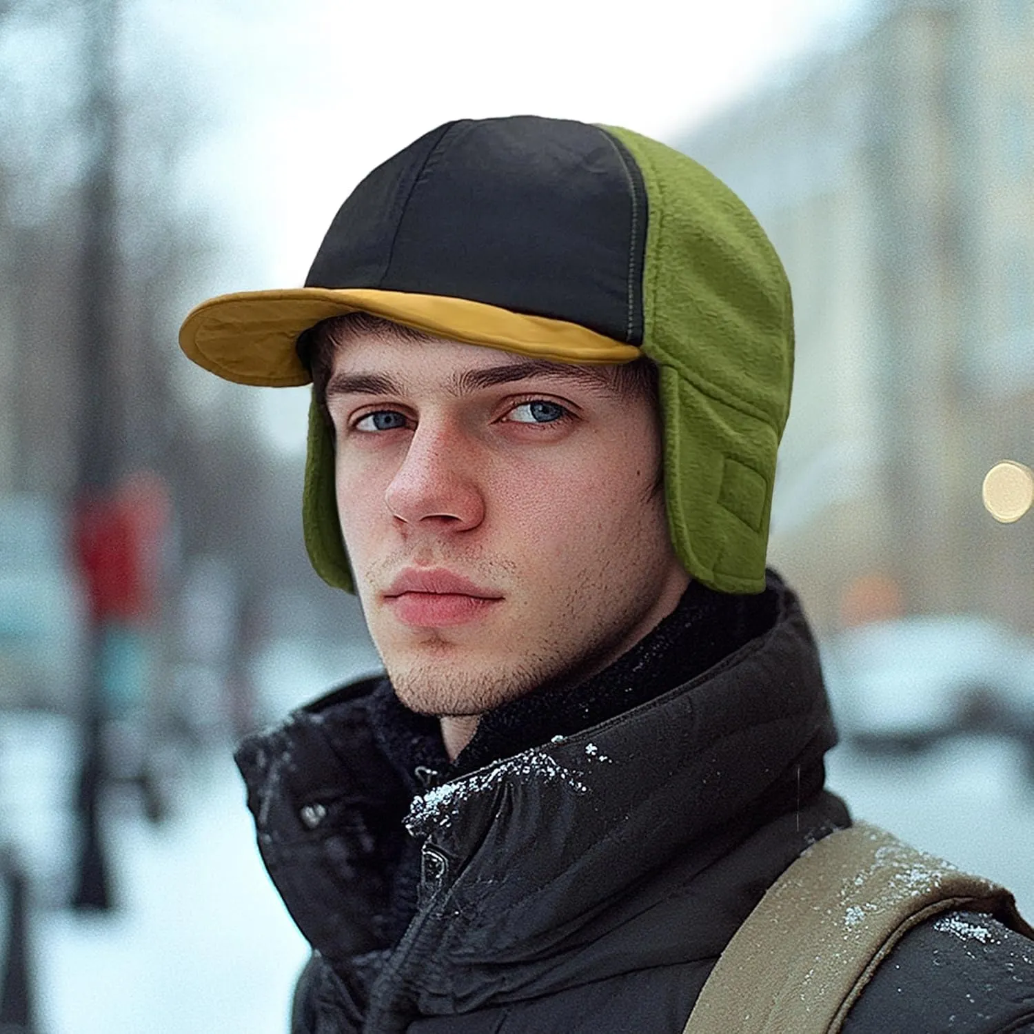 CLAPE Waterproof Winter Baseball Cap with Visor & Earflaps for Men, Women Outdoor Sherpa Fleece Trapper Hat with Ear Flaps