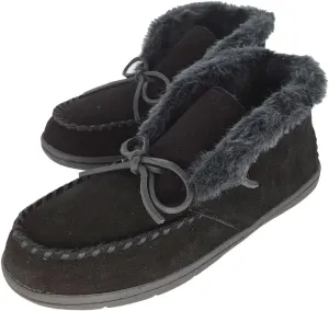 Clarks Women's Moccasin Bootie Slippers, JMH1814B - Suede Indoor/Outdoor Slip-Ons with Faux Fur Lining & Non-Slip Gripped Rubber Outsole - Ladies Comfy & Fluffy Ankle Boots for Winter Use, Black, 8 US