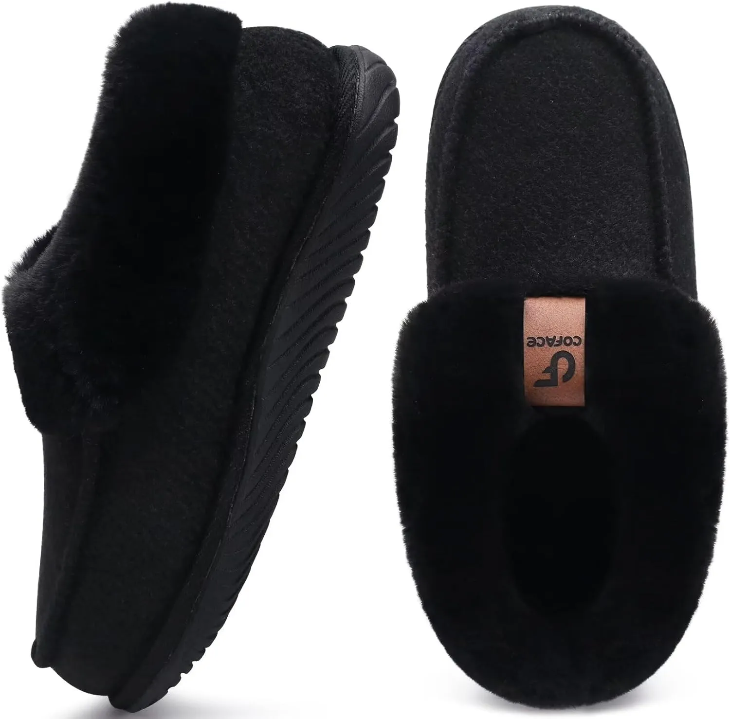 COFACE Women's Arch Support Memory Foam House Slippers Ladies Warm Fuzzy Faux Fur Collar Winter Moccasin Shoes Orthotic Plantar Fasciitis Indoor Outdoor Black Size 8
