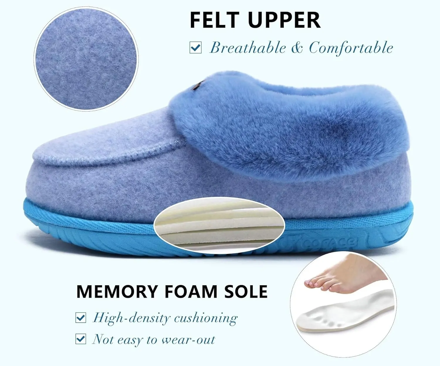 COFACE Women's Memory Foam House Slippers Arch Support Moccasin Winter Shoes Ladies Warm Fuzzy Faux Fur Collar With Indoor Outdoor Rubber Sole