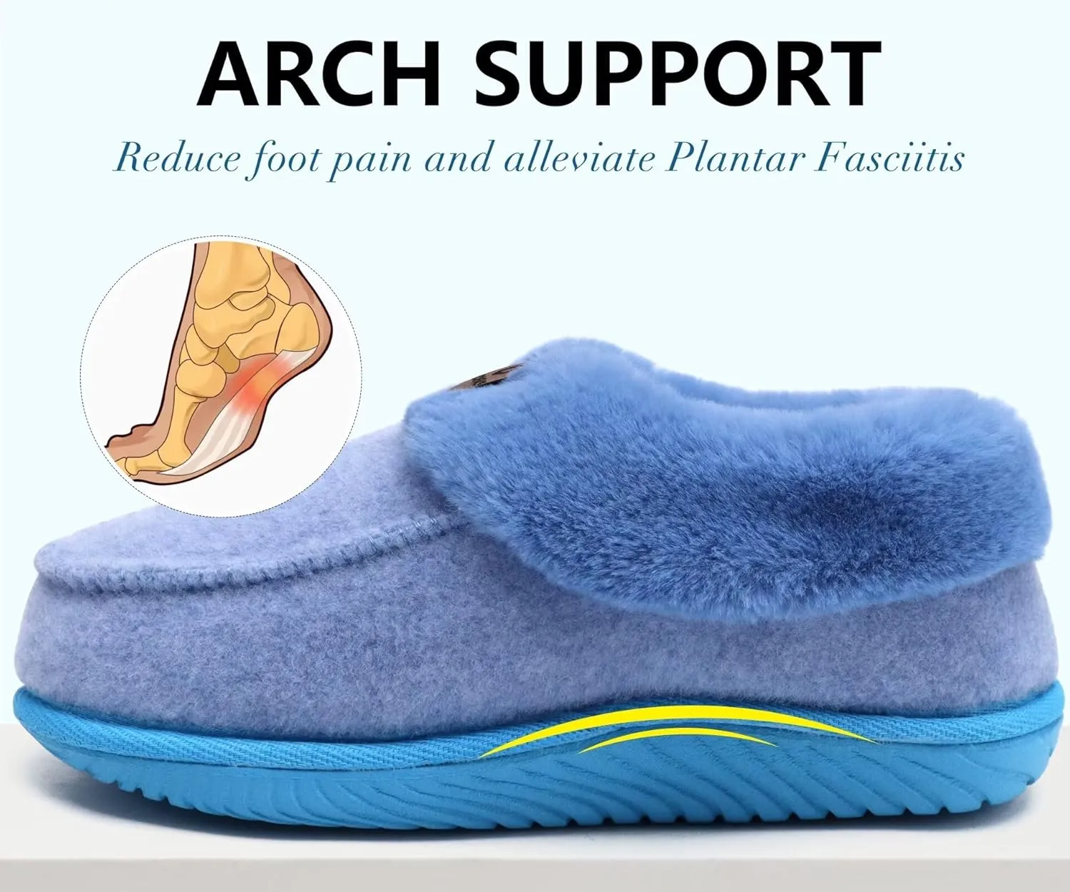 COFACE Women's Memory Foam House Slippers Arch Support Moccasin Winter Shoes Ladies Warm Fuzzy Faux Fur Collar With Indoor Outdoor Rubber Sole