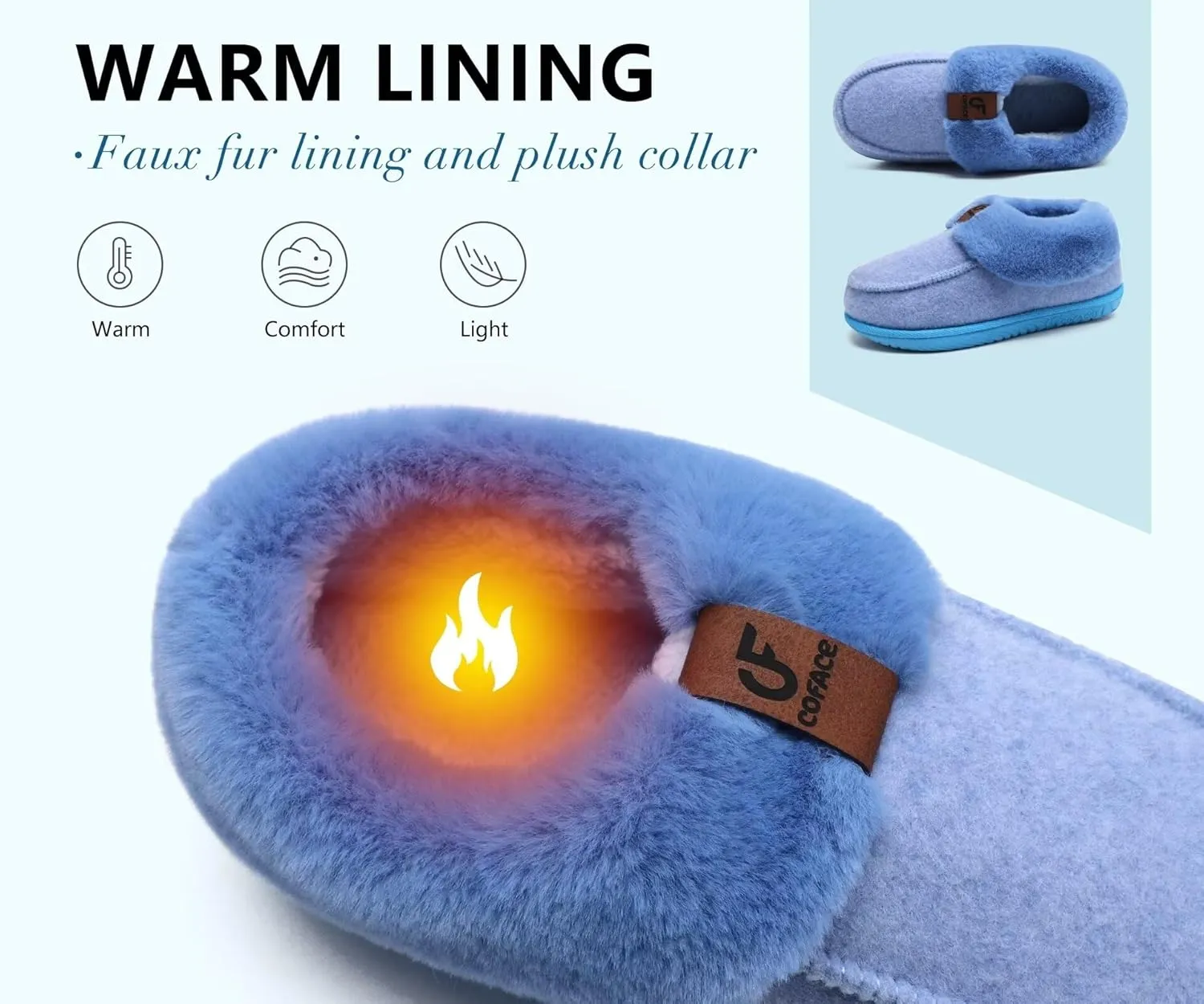 COFACE Women's Memory Foam House Slippers Arch Support Moccasin Winter Shoes Ladies Warm Fuzzy Faux Fur Collar With Indoor Outdoor Rubber Sole