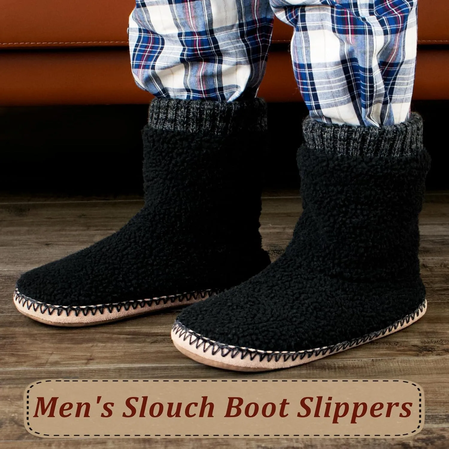 Cozy Boot Slippers for Men Indoor, Fuzzy House Shoes with Non Slip Gripper Soles, Soft Warm Moccasin Socks, Winter Gifts for Christmas Unique