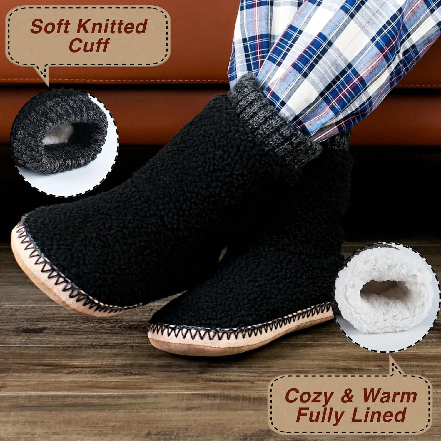 Cozy Boot Slippers for Men Indoor, Fuzzy House Shoes with Non Slip Gripper Soles, Soft Warm Moccasin Socks, Winter Gifts for Christmas Unique