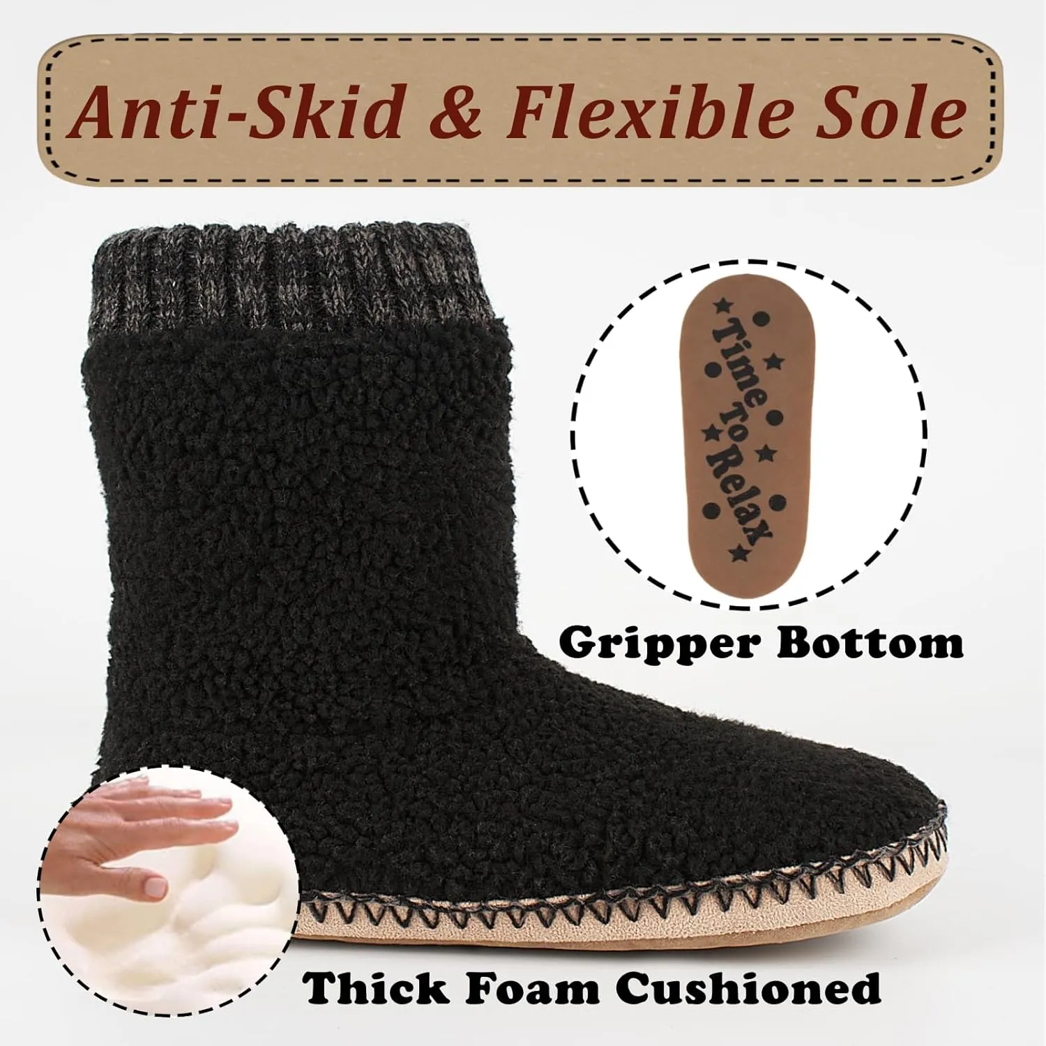 Cozy Boot Slippers for Men Indoor, Fuzzy House Shoes with Non Slip Gripper Soles, Soft Warm Moccasin Socks, Winter Gifts for Christmas Unique