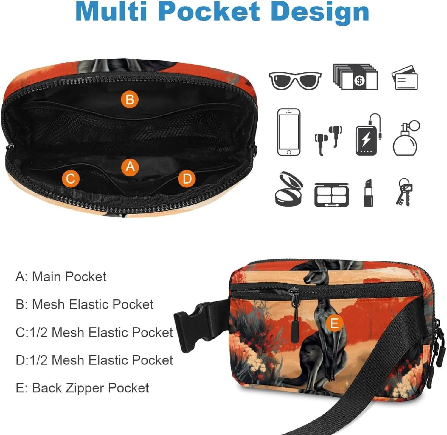 Cute Kangaroo-1587 Unisex Style Fanny Pack: Fashion Waist Packs, Crossbody Bags Sport Slim Fashionable for Jogging Hiking Hiker Woman Man