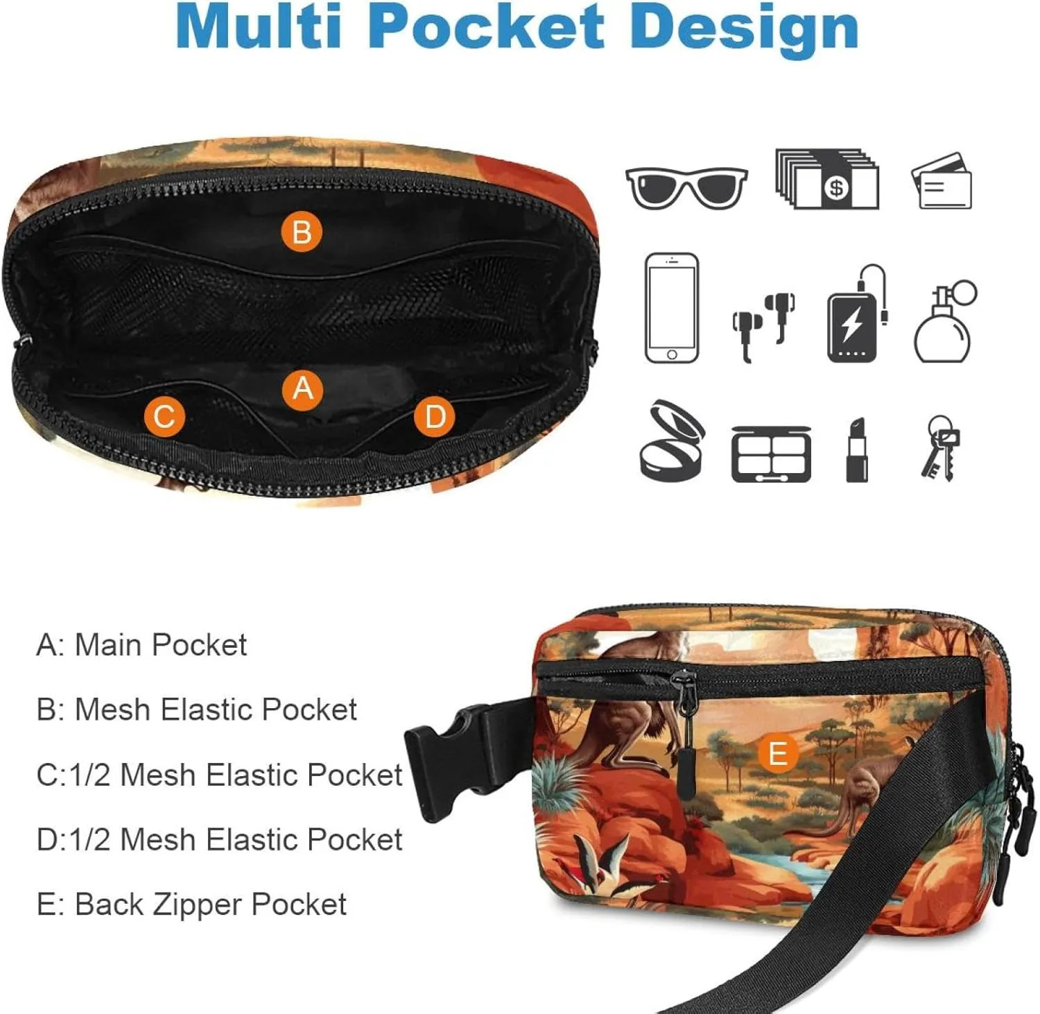 Cute Kangaroo-1665 Unisex Style Fanny Pack: Fashion Waist Packs, Crossbody Bags Sport Slim Fashionable for Jogging Hiking Hiker Woman Man