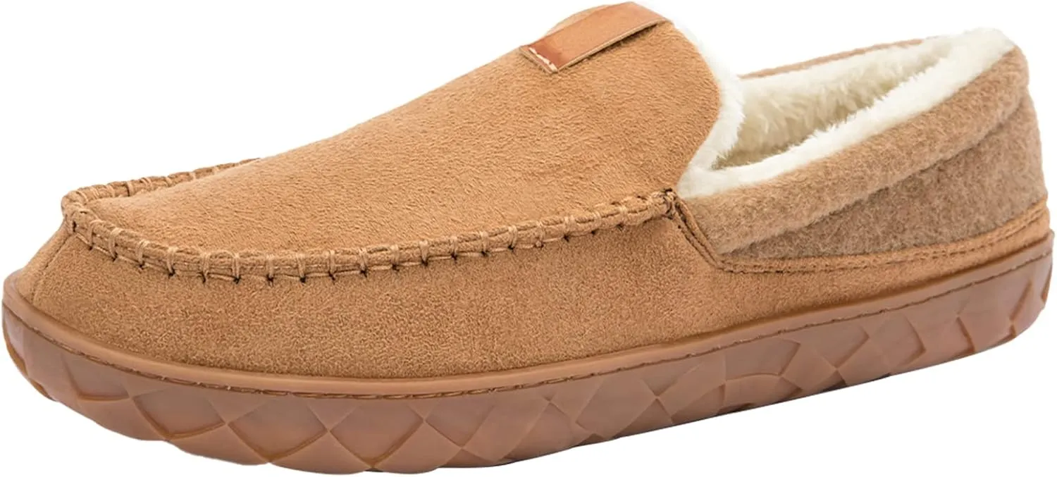 deenor Men's Moccasin Cozy Memory Foam Bedroom Slippers Indoor/Outdoor Non-Slip Suede Slippers with Plush Lining, Size 9, Brown