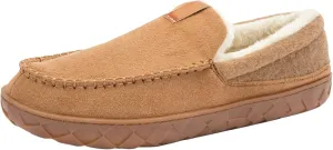 deenor Men's Moccasin Cozy Memory Foam Bedroom Slippers Indoor/Outdoor Non-Slip Suede Slippers with Plush Lining, Size 9, Brown