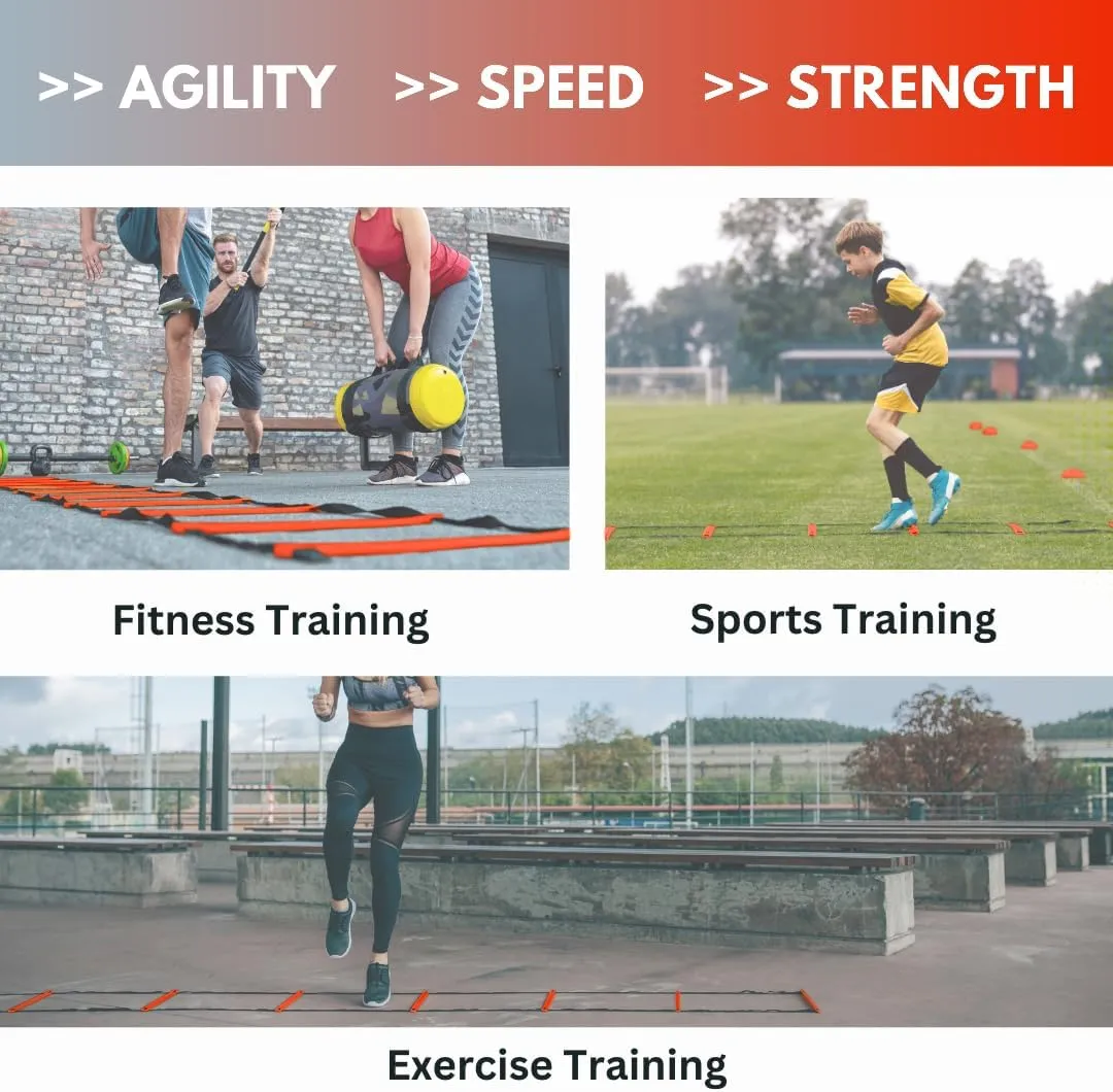 DELUXE EDITION Agility Ladder Training Set - 13 Rung 21ft Agility Ladder w/13 Disc Cones, Carry Bag - Improve Speed & Strength Soccer, Football, Basketball w/4 Steel Pegs for Outdoor Workout Charts