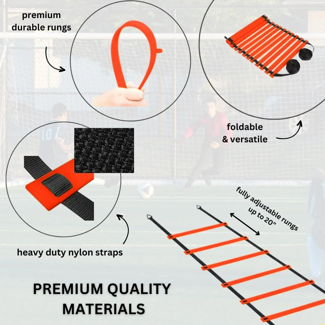 DELUXE EDITION Agility Ladder Training Set - 13 Rung 21ft Agility Ladder w/13 Disc Cones, Carry Bag - Improve Speed & Strength Soccer, Football, Basketball w/4 Steel Pegs for Outdoor Workout Charts
