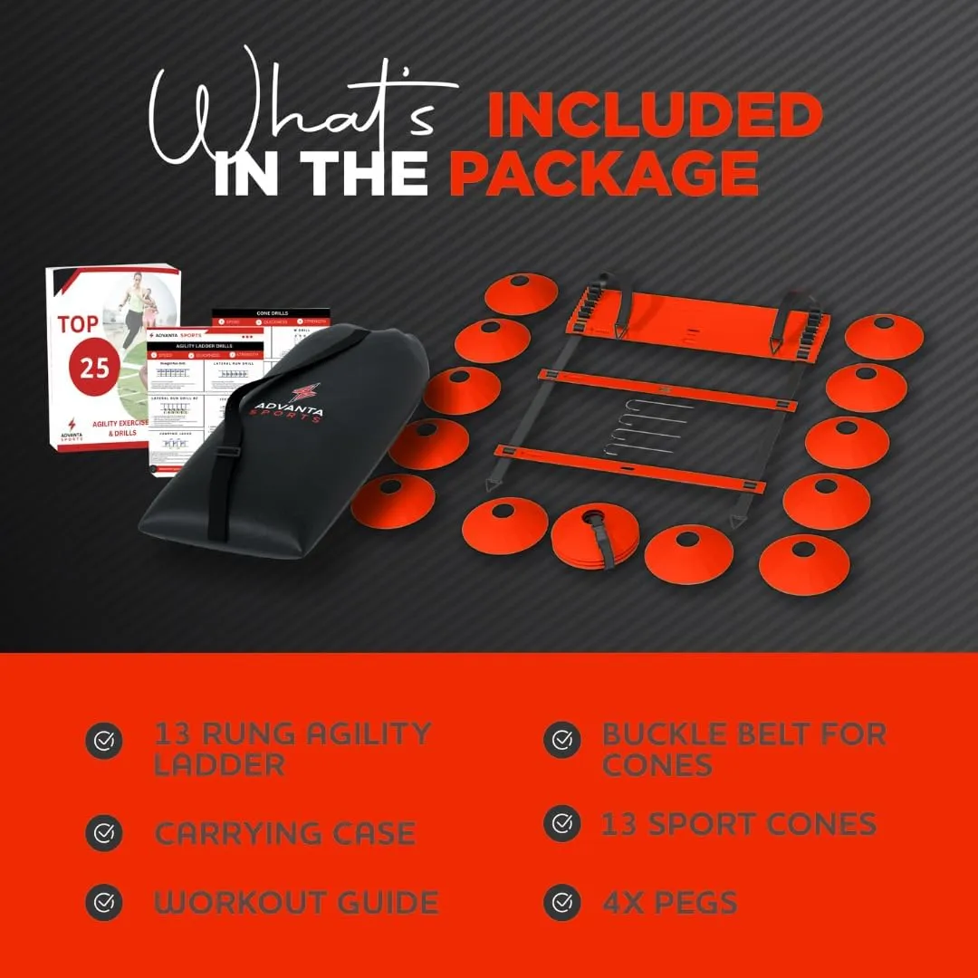 DELUXE EDITION Agility Ladder Training Set - 13 Rung 21ft Agility Ladder w/13 Disc Cones, Carry Bag - Improve Speed & Strength Soccer, Football, Basketball w/4 Steel Pegs for Outdoor Workout Charts