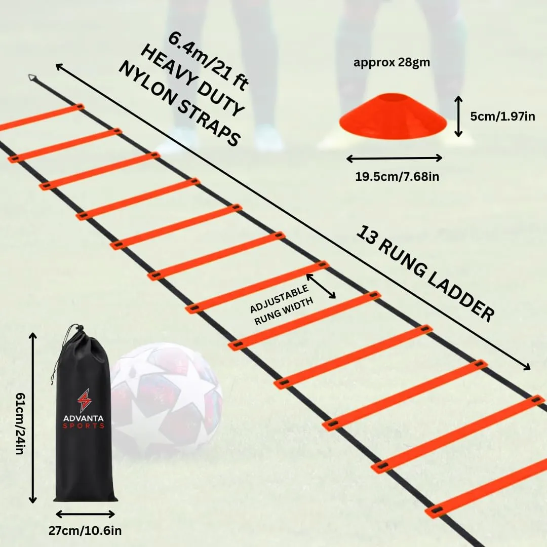 DELUXE EDITION Agility Ladder Training Set - 13 Rung 21ft Agility Ladder w/13 Disc Cones, Carry Bag - Improve Speed & Strength Soccer, Football, Basketball w/4 Steel Pegs for Outdoor Workout Charts