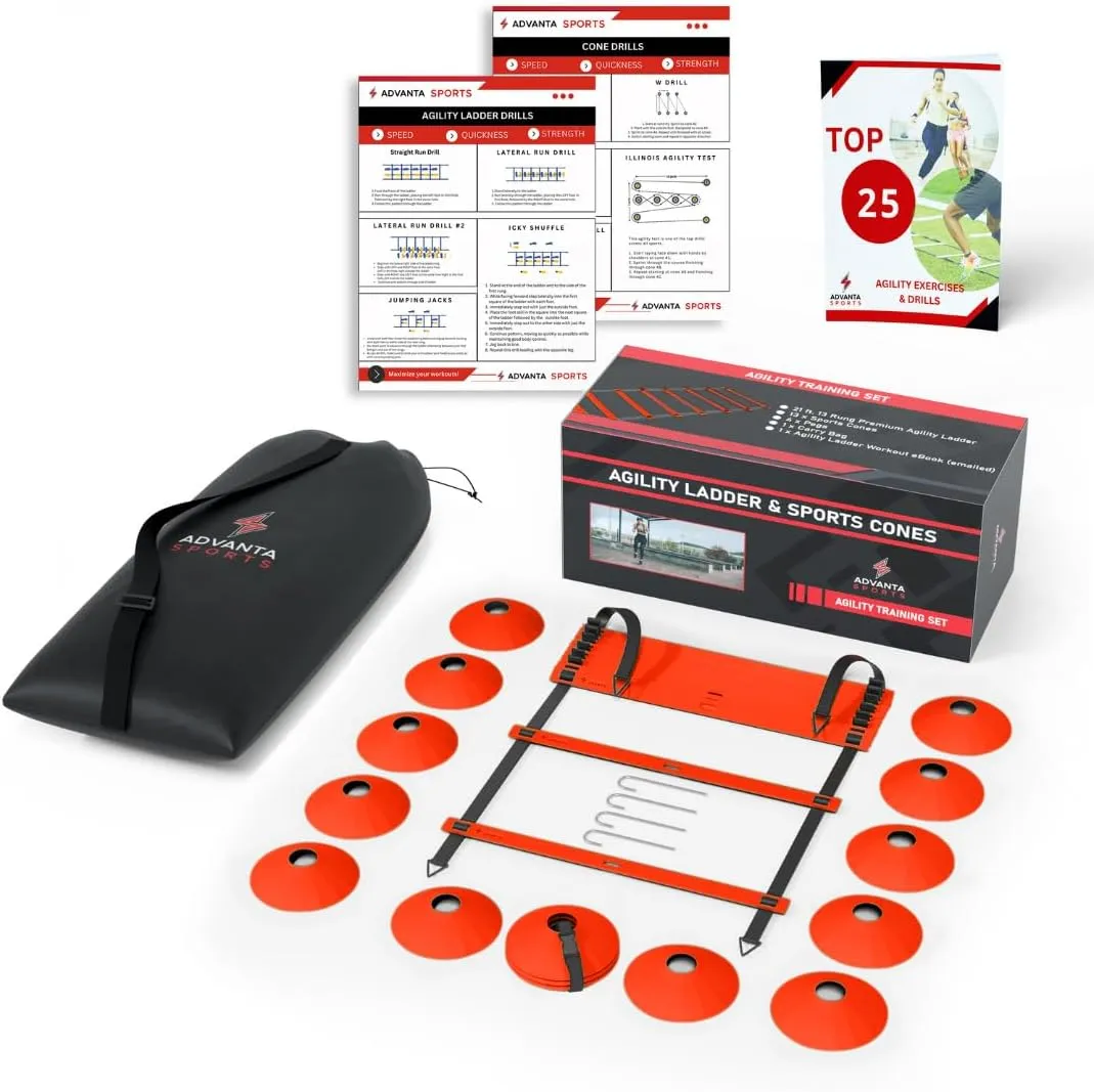 DELUXE EDITION Agility Ladder Training Set - 13 Rung 21ft Agility Ladder w/13 Disc Cones, Carry Bag - Improve Speed & Strength Soccer, Football, Basketball w/4 Steel Pegs for Outdoor Workout Charts