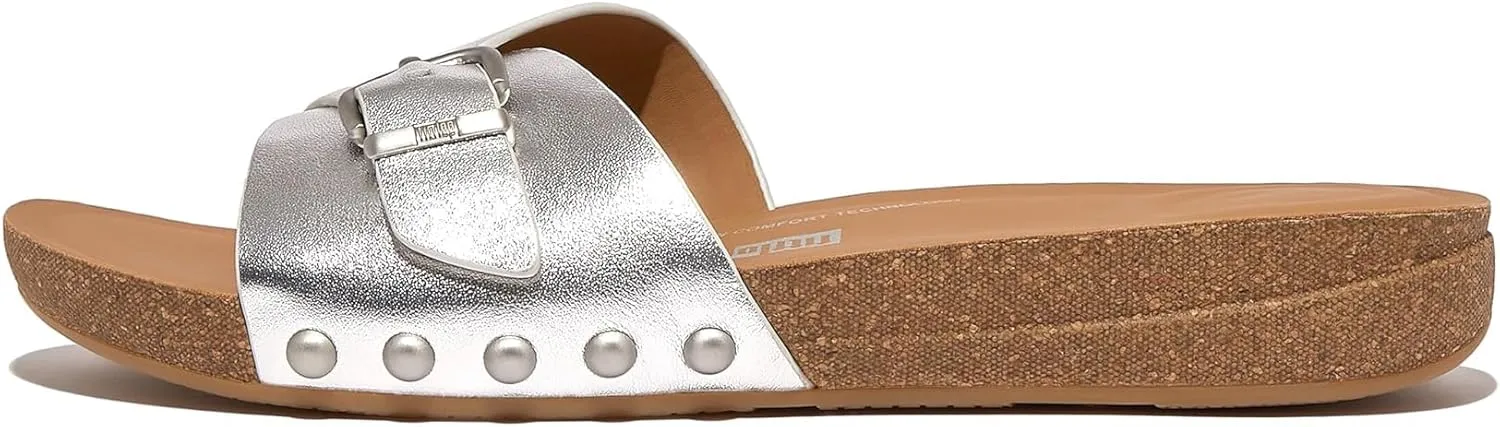 FitFlop Women's Iqushion Adjustable Buckle Metallic-Leather Slides Wedge Sandal