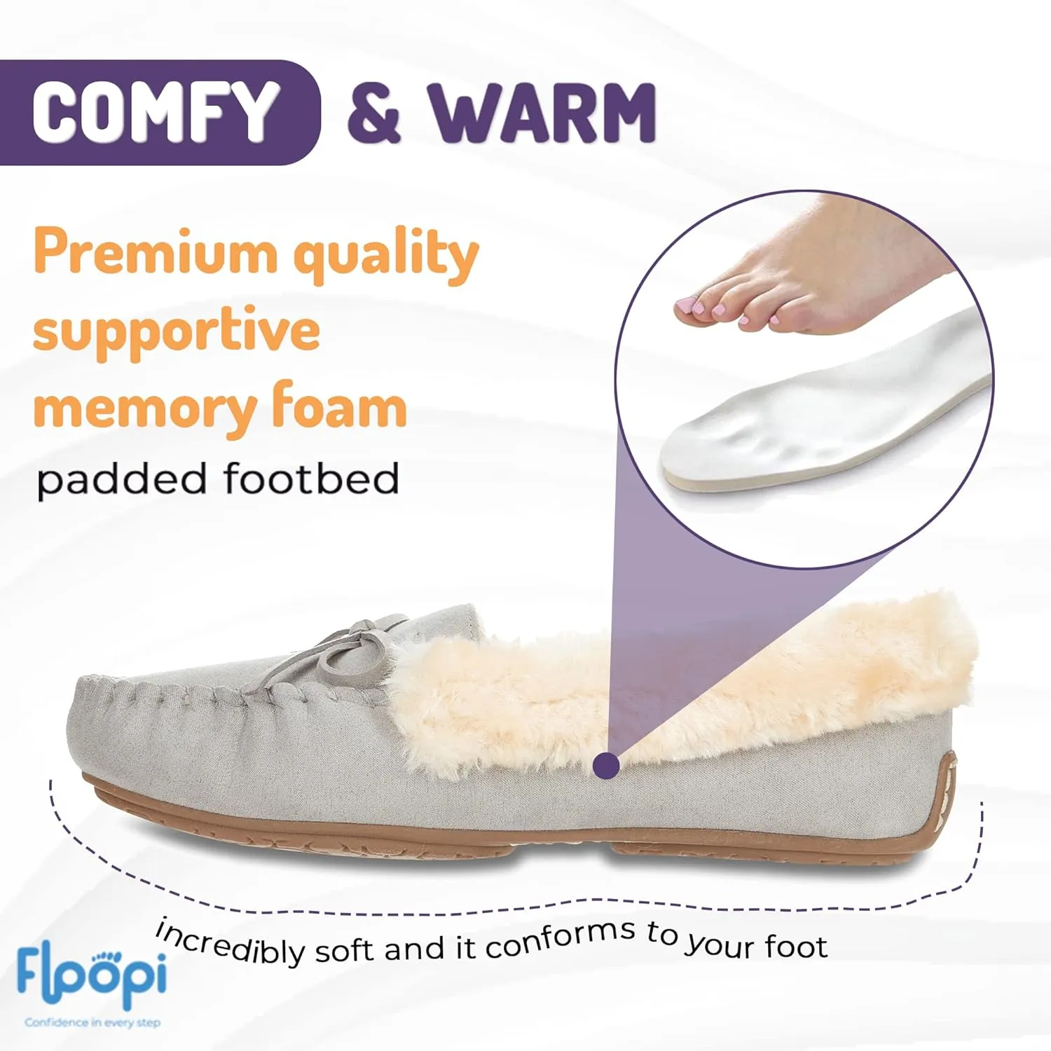 Floopi Women Slippers Moccasins, Soft Faux Fur Lining with Cozy Memory Foam, Ladies House Slippers for Women with Indoor & Outdoor Anti-Skid Sole