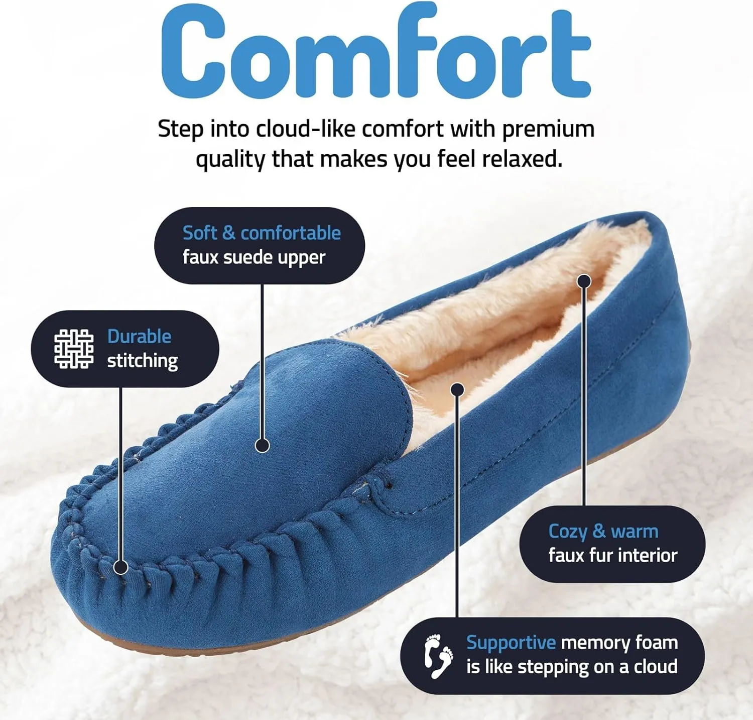 Floopi Women Slippers Moccasins, Soft Faux Fur Lining with Cozy Memory Foam, Ladies House Slippers for Women with Indoor & Outdoor Anti-Skid Sole