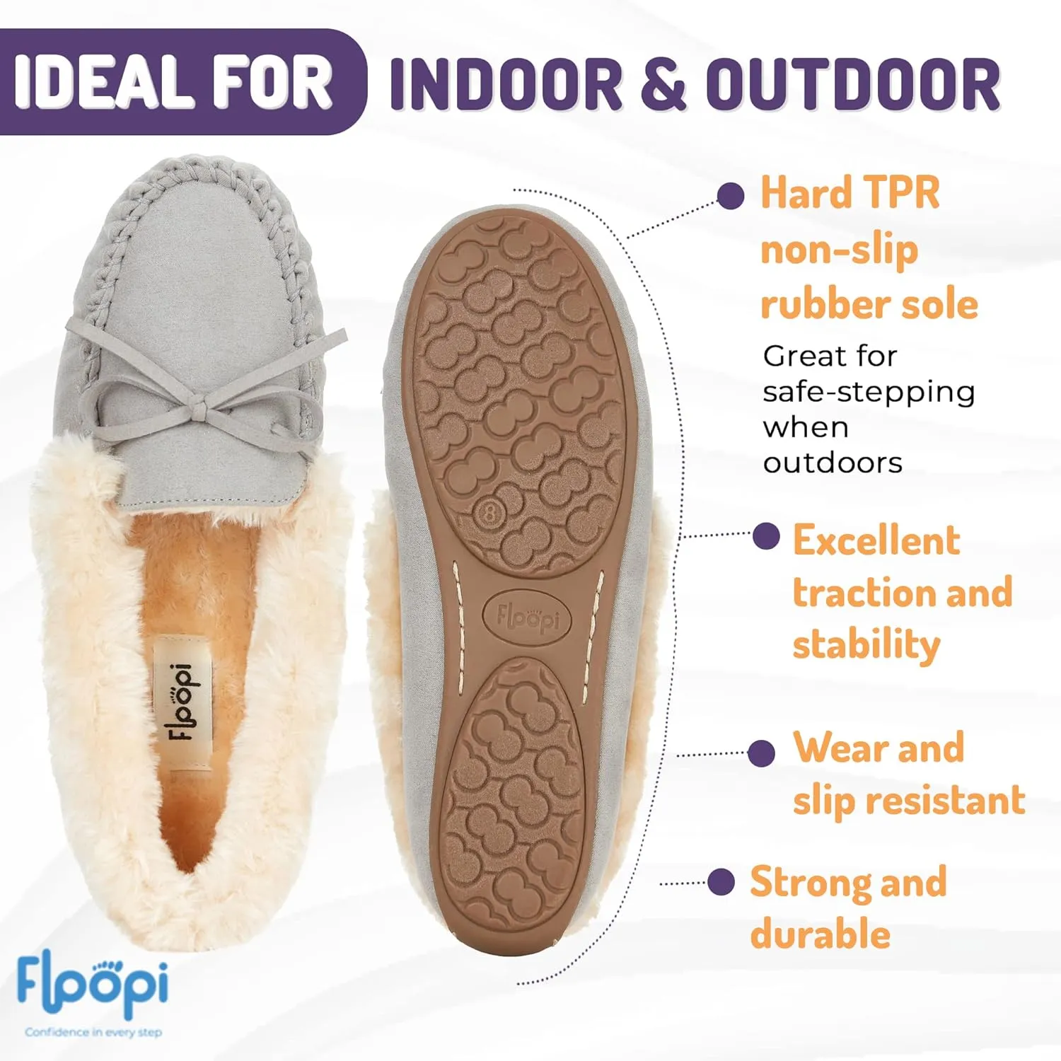 Floopi Women Slippers Moccasins, Soft Faux Fur Lining with Cozy Memory Foam, Ladies House Slippers for Women with Indoor & Outdoor Anti-Skid Sole