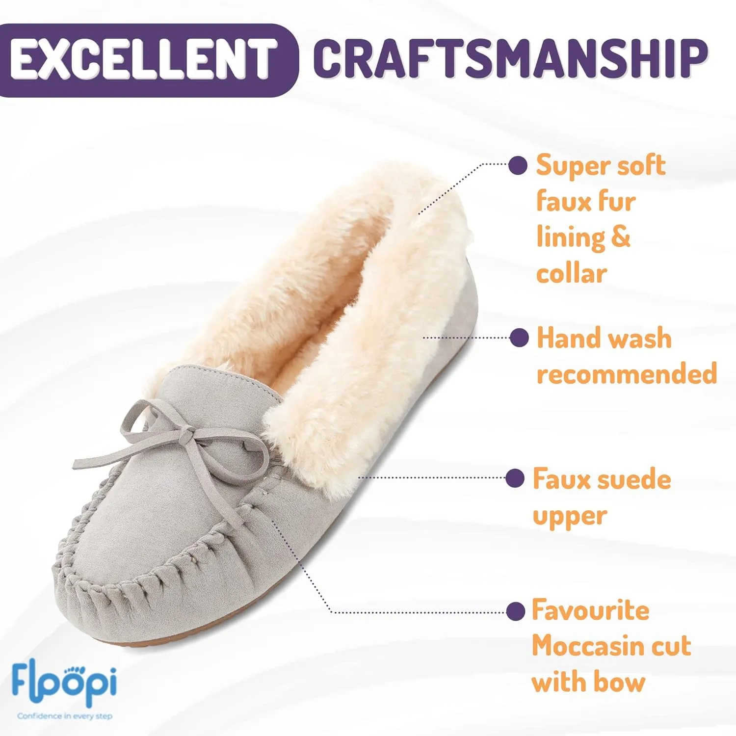 Floopi Women Slippers Moccasins, Soft Faux Fur Lining with Cozy Memory Foam, Ladies House Slippers for Women with Indoor & Outdoor Anti-Skid Sole