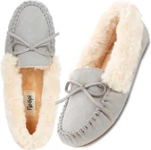 Floopi Women Slippers Moccasins, Soft Faux Fur Lining with Cozy Memory Foam, Ladies House Slippers for Women with Indoor & Outdoor Anti-Skid Sole