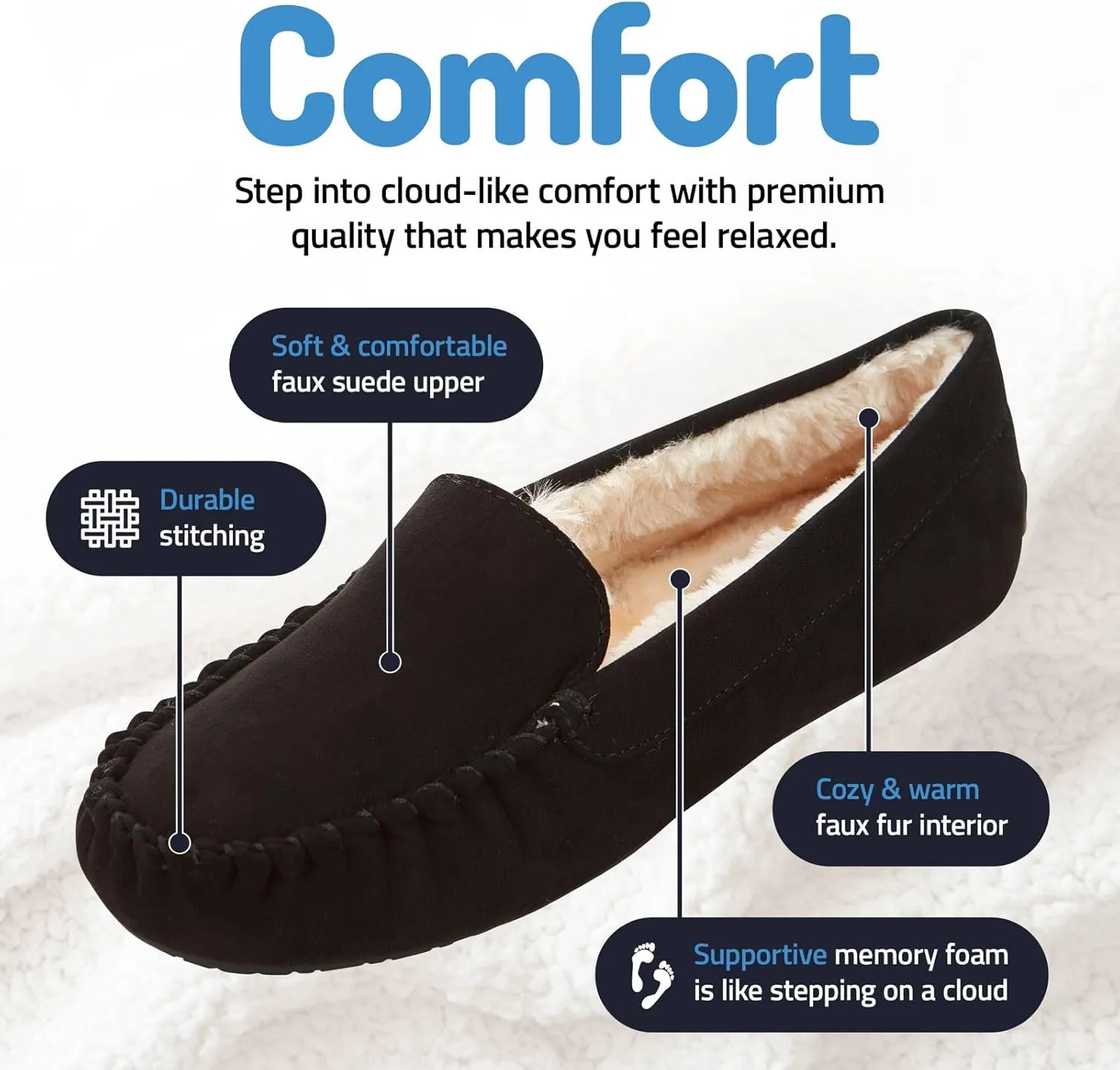 Floopi Women Slippers Moccasins, Soft Faux Fur Lining with Cozy Memory Foam, Ladies House Slippers for Women with Indoor & Outdoor Anti-Skid Sole