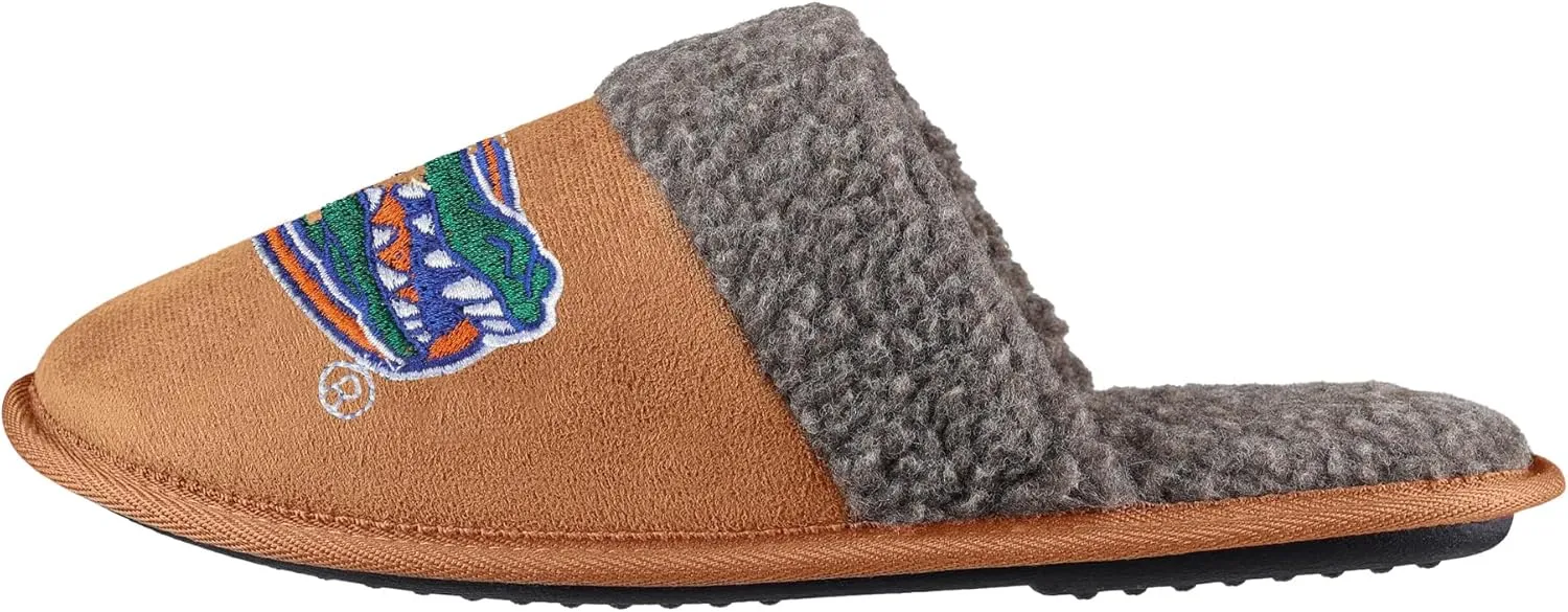 FOCO NCAA Men’s Sherpa Scuff Brown Moccasin Slippers – Ultra-Soft Plush Lining & Embroidered Team Logo – Officially Licensed NCAA Footwear for Ultimate Comfort & Team Spirit