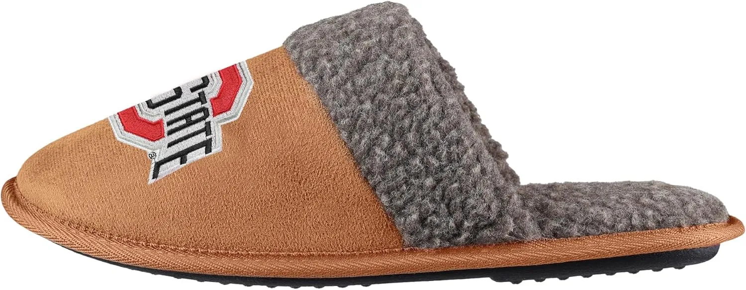 FOCO NCAA Men’s Sherpa Scuff Brown Moccasin Slippers – Ultra-Soft Plush Lining & Embroidered Team Logo – Officially Licensed NCAA Footwear for Ultimate Comfort & Team Spirit