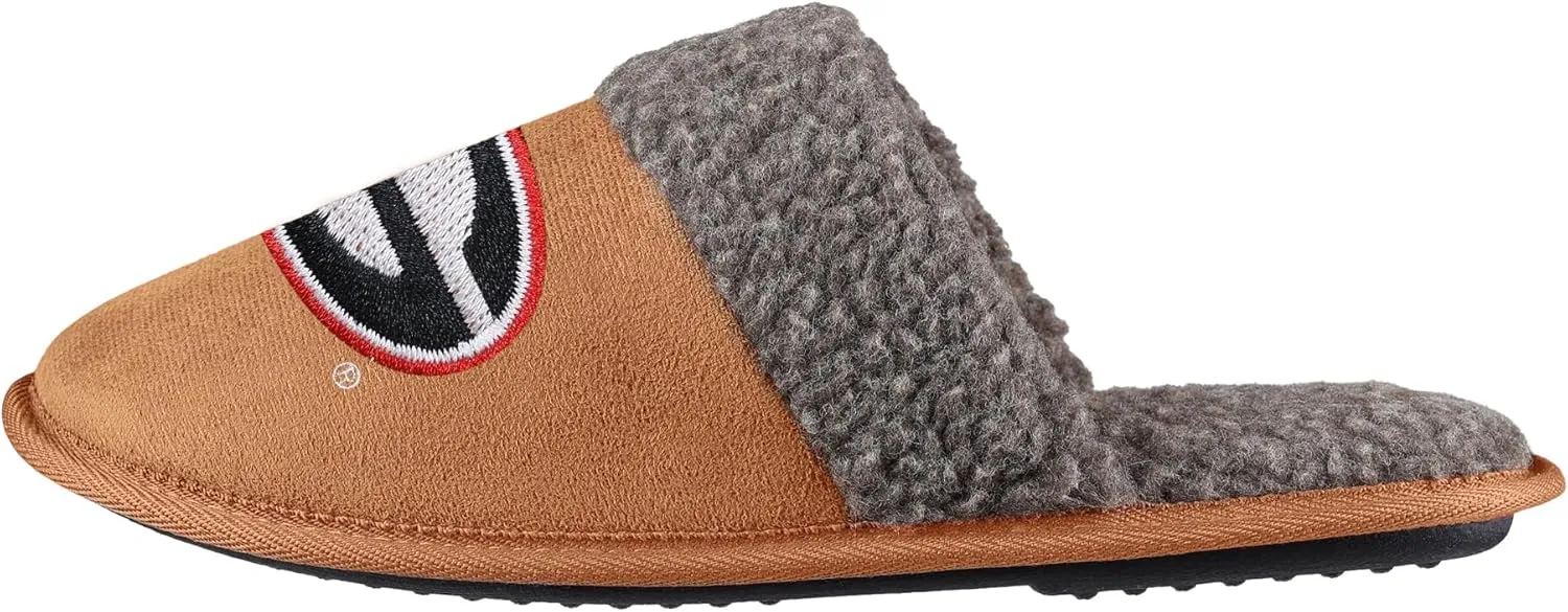 FOCO NCAA Men’s Sherpa Scuff Brown Moccasin Slippers – Ultra-Soft Plush Lining & Embroidered Team Logo – Officially Licensed NCAA Footwear for Ultimate Comfort & Team Spirit