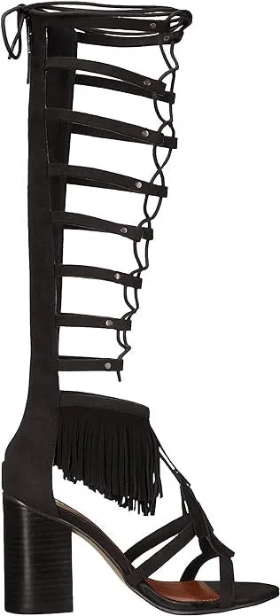 Gladiator Black Detailed Ricarda Heel Round Remote-controlled Sandals MIA Open Wi-Fi-enabled Fringe Block Toe