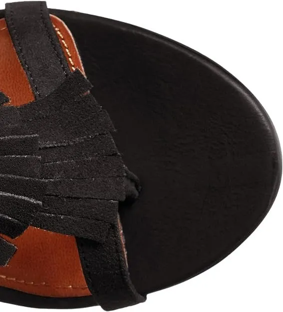 Gladiator Black Detailed Ricarda Heel Round Remote-controlled Sandals MIA Open Wi-Fi-enabled Fringe Block Toe