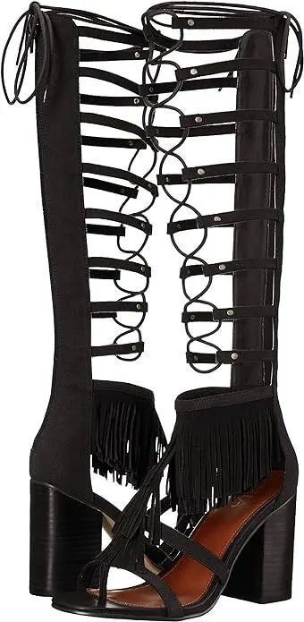 Gladiator Black Detailed Ricarda Heel Round Remote-controlled Sandals MIA Open Wi-Fi-enabled Fringe Block Toe