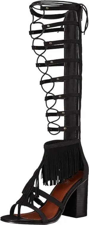 Gladiator Black Detailed Ricarda Heel Round Remote-controlled Sandals MIA Open Wi-Fi-enabled Fringe Block Toe