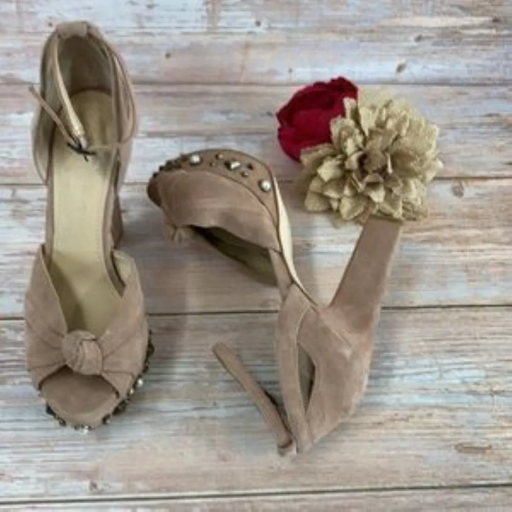 GUESS Tan Leather Kenzie Studded Platform Sandals 8
