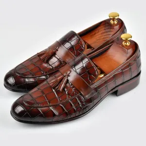 Handmade Brown Crocodile Texture Leather Moccasin Shoes