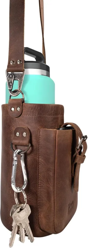 Hide & Drink, Hiker Bottle Holder with Adjustable Shoulder Strap, Crossbody Pouch for Bottle, Travel Accessory, Full Grain Leather, Handmade, Bourbon Brown