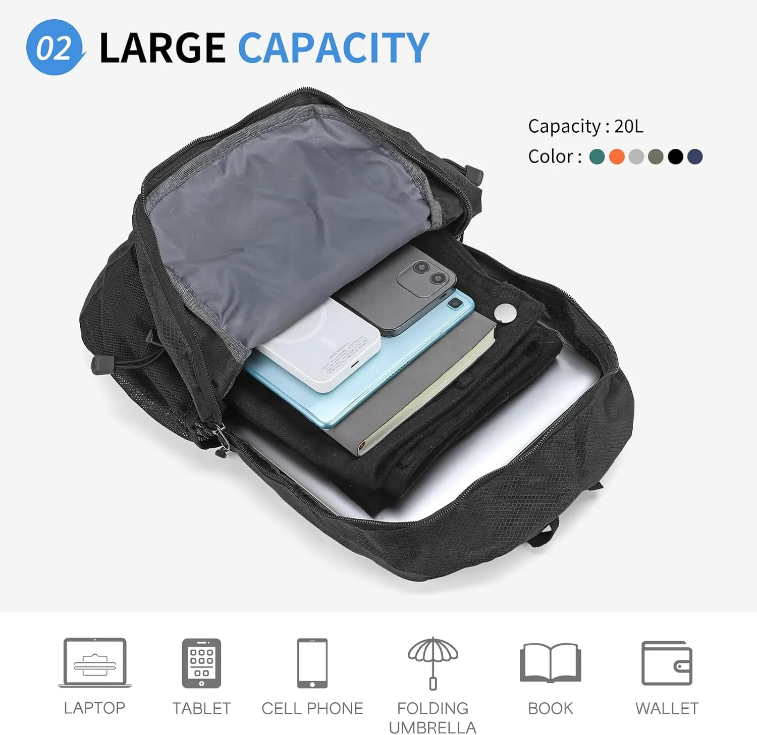 Hiking Daypack Packable, Camping Backpack Water Resistant Lightweight Polyester for Men Women Travel Outdoor